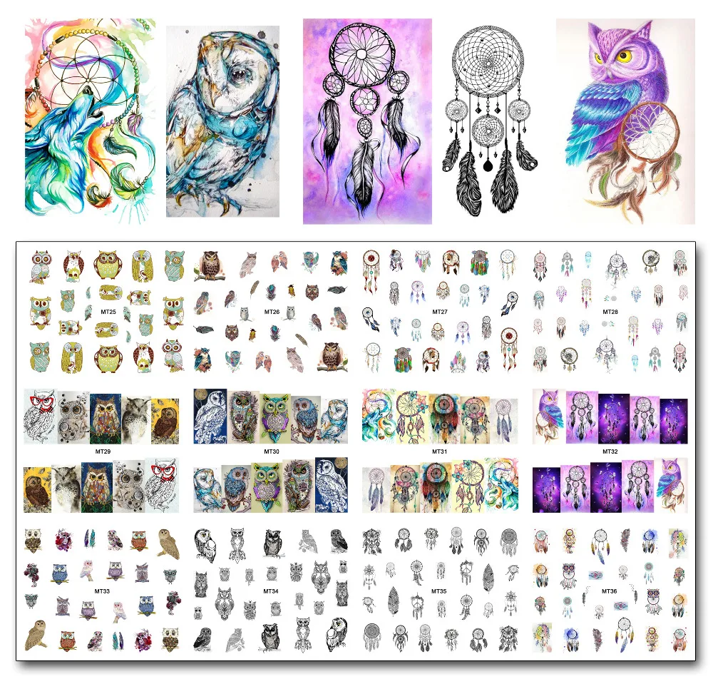 New 12 Sheets/Lot Nail MT25-36 Mix Owl Dream Catcher Nail Art Water Transfer Decal Sticker For Nail Art Tattoo (12 DESIGNS IN 1)