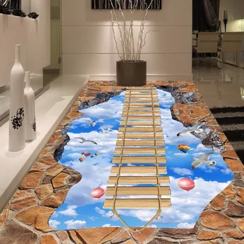Wooden bridge blue sky floor painting exhibition hall corridor 3D outdoor floor wallpaper