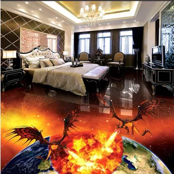 Spitfire dragon burning earth creative 3D stereo floor painting waterproof non-slip wear flooring wallpaper