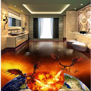 Spitfire dragon burning earth creative 3D stereo floor painting waterproof non-slip wear flooring wallpaper