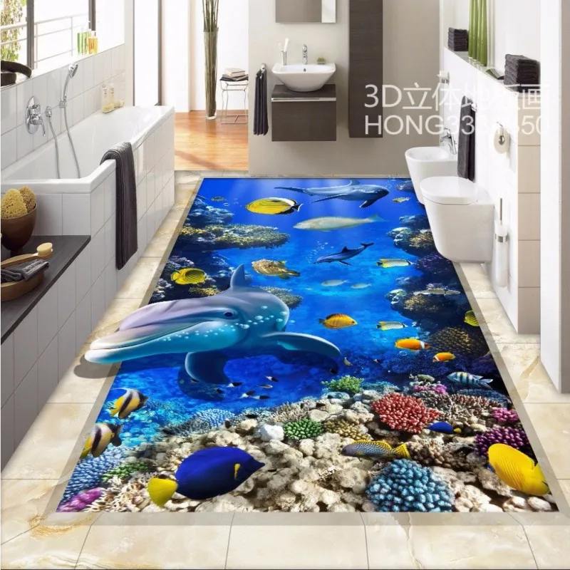 3D stereo marine world dolphin floor tiles decorative painting wear non-slip flooring living room wallpaper mural