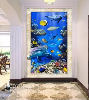 3D stereo marine world dolphin floor tiles decorative painting wear non-slip flooring living room wallpaper mural